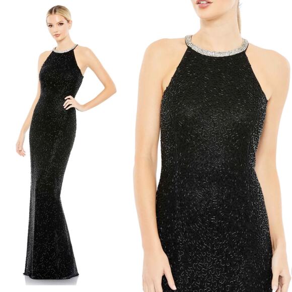 Mac Duggal Black Beaded Sleeveless High Neck Column Gown Size 4 NEW $498 - Picture 1 of 9